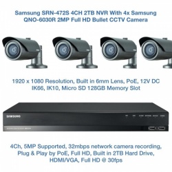 Samsung 2MP Network PoE HD 1080p 4 Bullet Camera's QNO-6030R & 4CH PoE NVR SRN-472S CCTV Package
