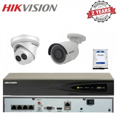 Hikvision 4CH NVR Recorder 1x Mini Bullet 1x Turret Surveillance Camera External