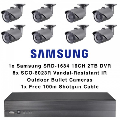 Samsung 8 Outdoor Bullet Camera Kit 16CH DVR 2TB Vandal Resistant Analog 1080p