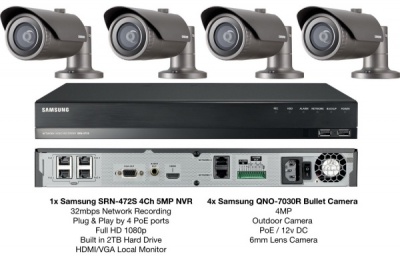 Samsung 4MP Network HD 1080p 4 Bullet Camera's & 1x 4CH PoE NVR 2TB CCTV Package
