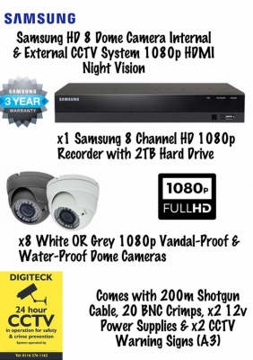 Samsung HD 8 Dome Camera Internal & External CCTV System 1080p HDMI Night Vision