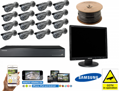 Samsung 16 Channel Complete CCTV Kit 16x Cameras 2TB Bullet Security Screen