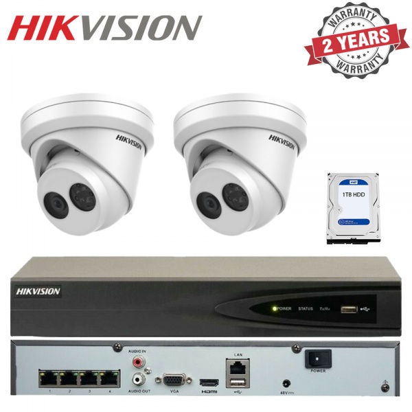 Hikvision Hikvision 4 Channel NVR Recorder 1TB & 2x 4MP External IR PoE Dome CCTV Cameras 