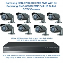 Samsung 2MP Network PoE HD 1080p 8 Bullet Camera's & 8CH PoE NVR CCTV Package