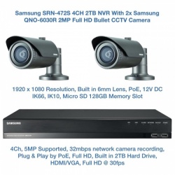 Samsung 2MP Network POE HD 1080p 2 Bullet Camera's & 4CH PoE NVR CCTV Package
